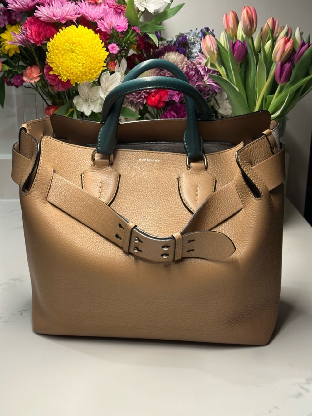 Burberry Tan White Leather Tote with Dark Green Handles